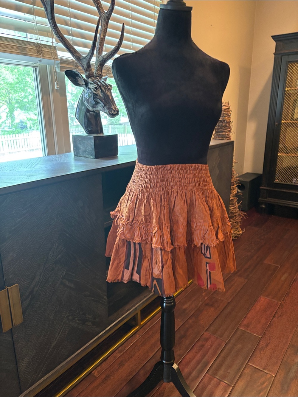 Smocked Waist Tiered Mini Skirt in Rust Orange